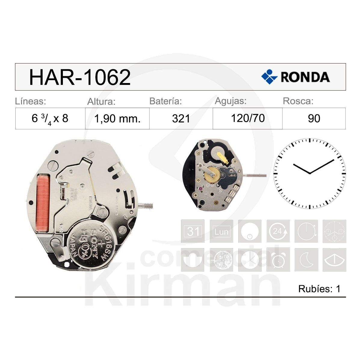 Movimiento Reloj Ronda Cuarzo HAR-1062 Dos Agujas