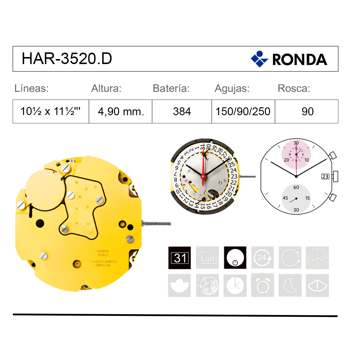 Movimiento Reloj Ronda Cuarzo HAR-35320.D Cronógrafo Calendario 3H