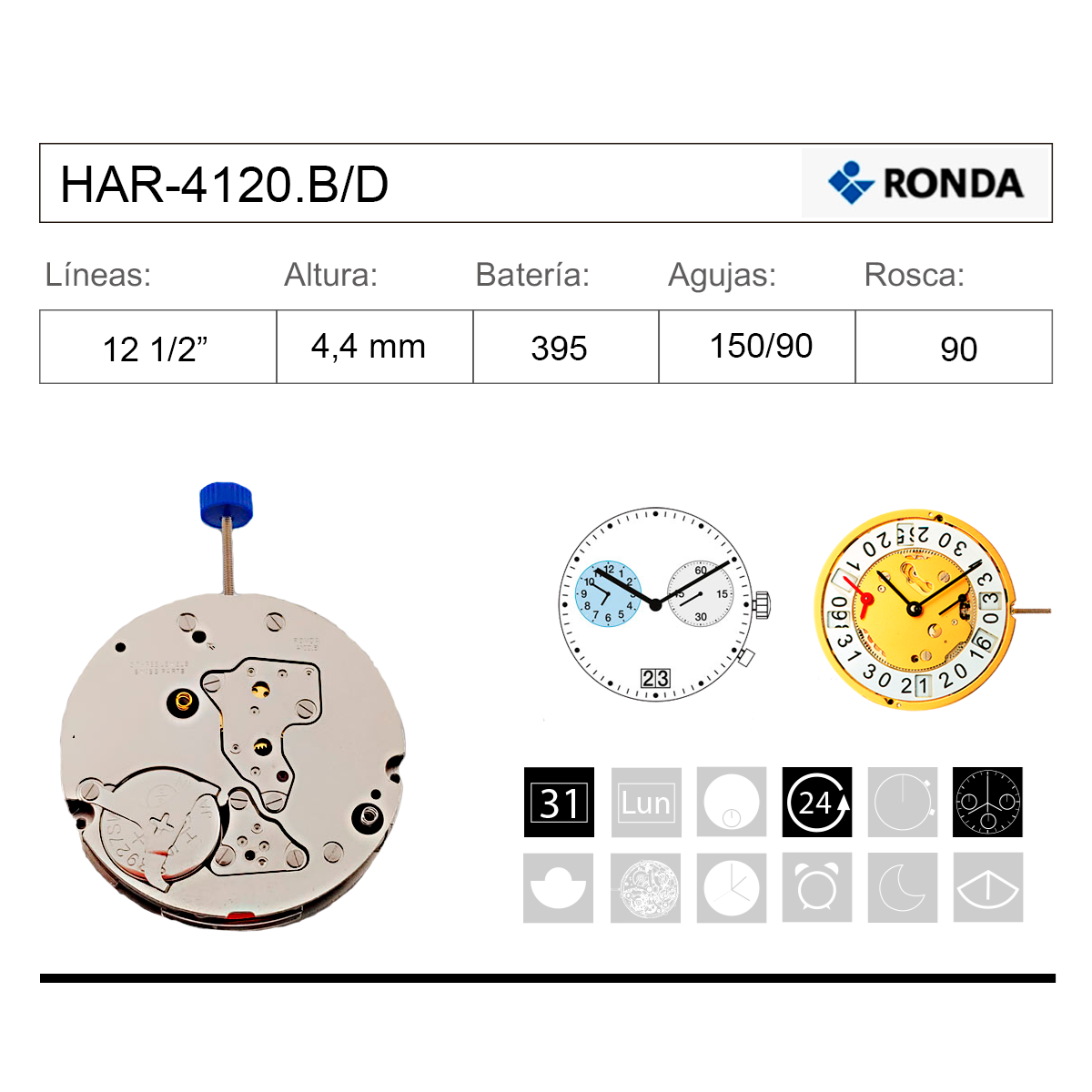 Movimiento Reloj Ronda Cuarzo HAR-4120.B/D Calendario 6H