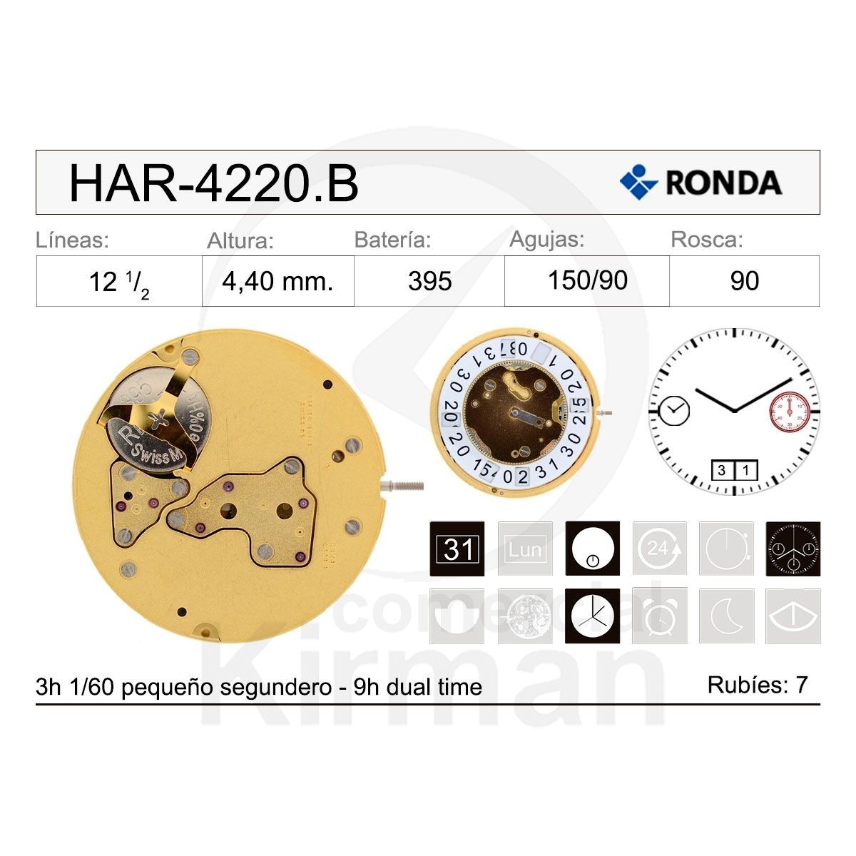 Movimiento Reloj Ronda Cuarzo HAR-4220.B Calendario 6H