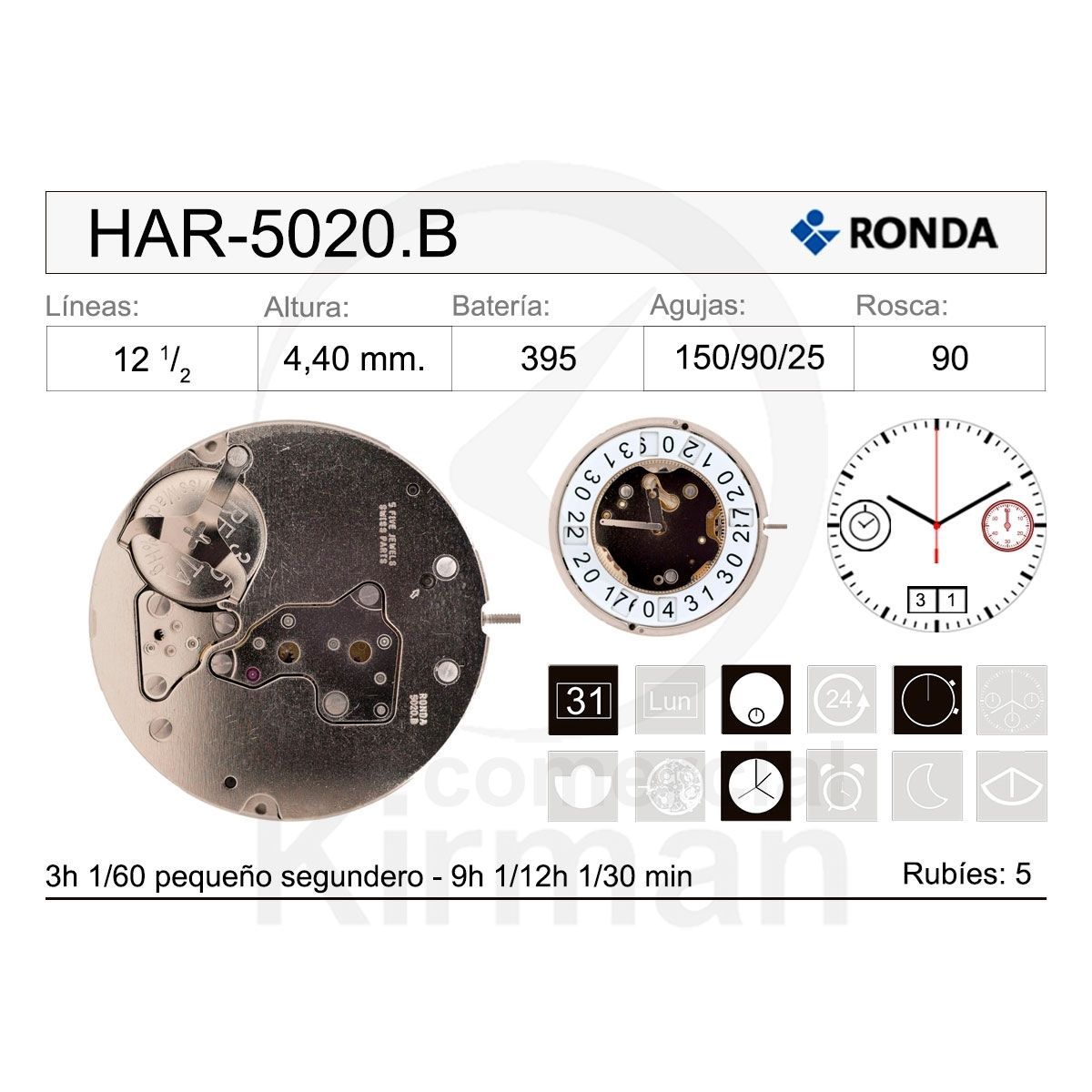 Movimiento Reloj Ronda Cuarzo HAR-5020.B Calendario 6H