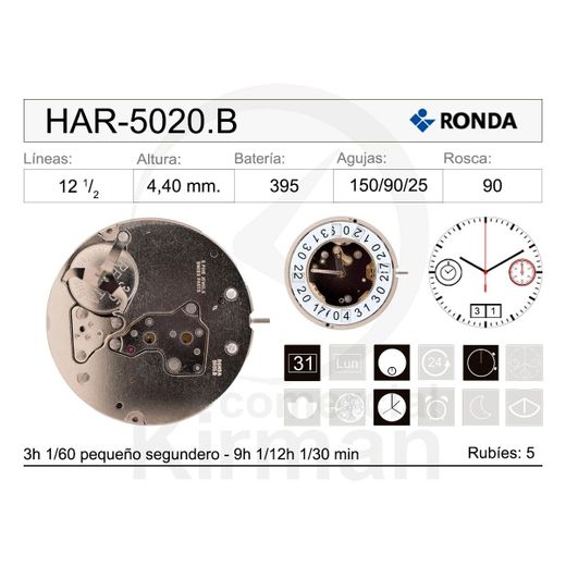 Movimiento Reloj Ronda Cuarzo HAR-5020.B Calendario 6H