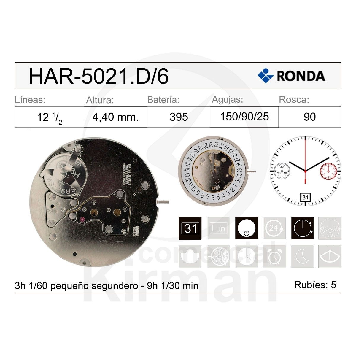 Movimiento Reloj Ronda Cuarzo HAR-5021.D/6 Calendario 6H