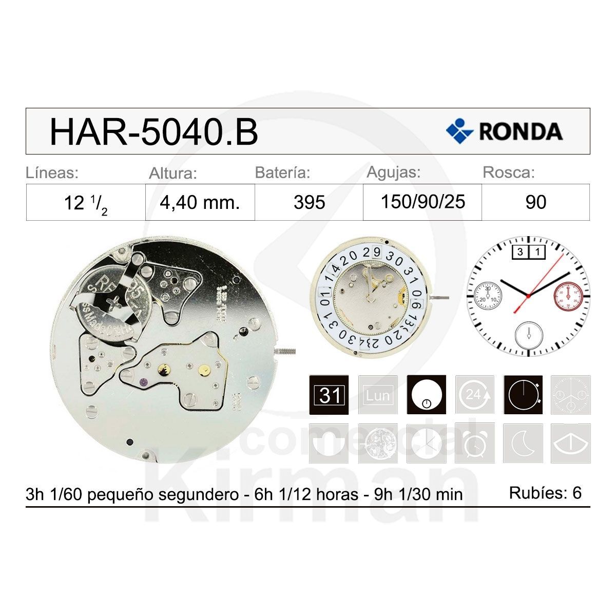 Movimiento Reloj Ronda Cuarzo HAR-5040.B Calendario 12H