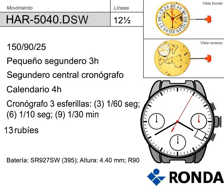Movimiento Reloj Ronda Cuarzo HAR-5040.DSW Calendario 4H