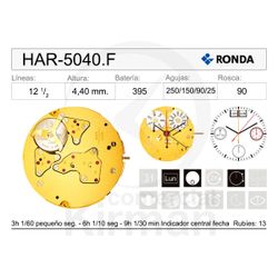 Movimiento Reloj Ronda Cuarzo HAR-5040.F Cronógrafo Indicador Central de Fecha