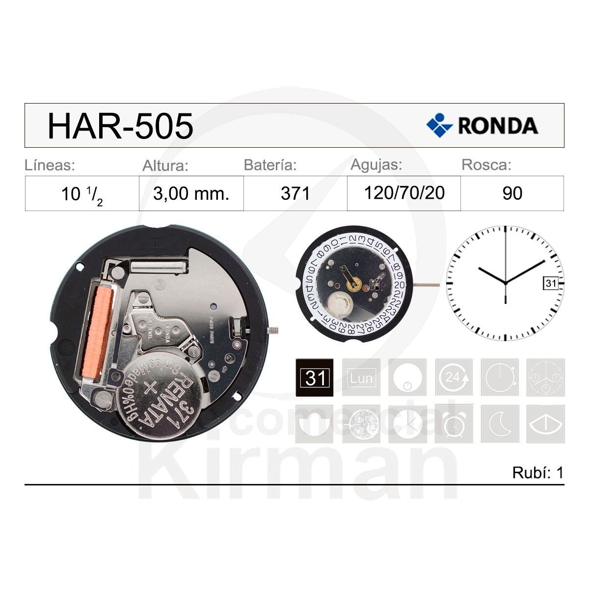 Movimiento Reloj Ronda Cuarzo HAR-505 Calendario 3H