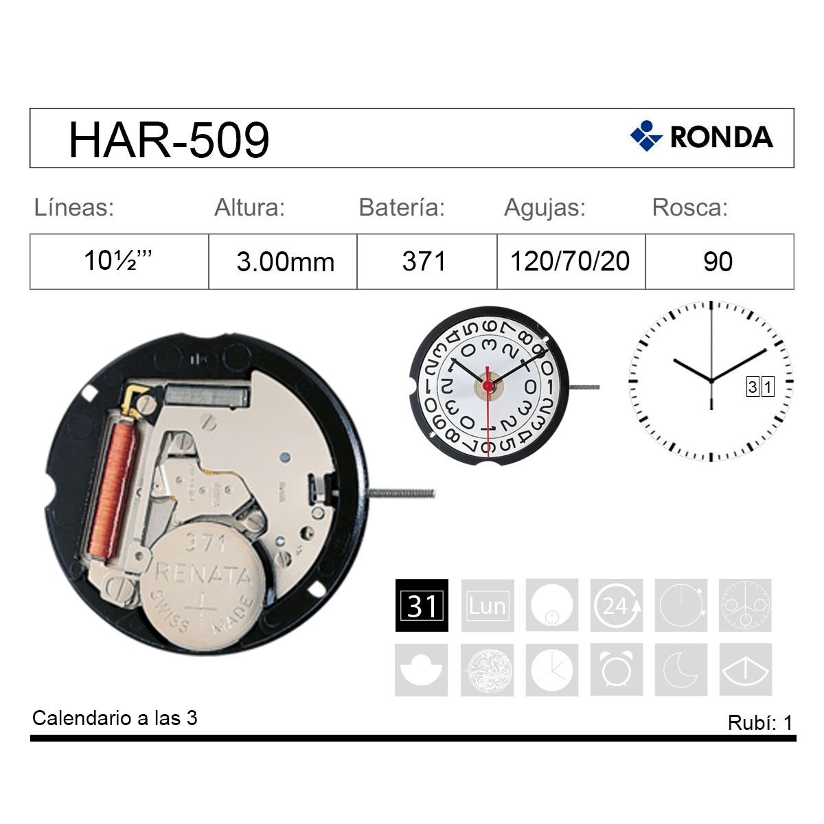 Movimiento Reloj Ronda Cuarzo HAR-509 Calendario 3H