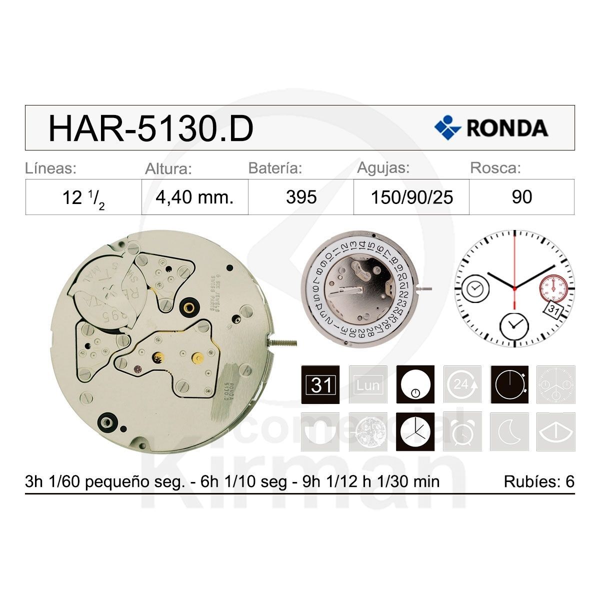 Movimiento Reloj Ronda Cuarzo HAR-5130.D Calendario 4H