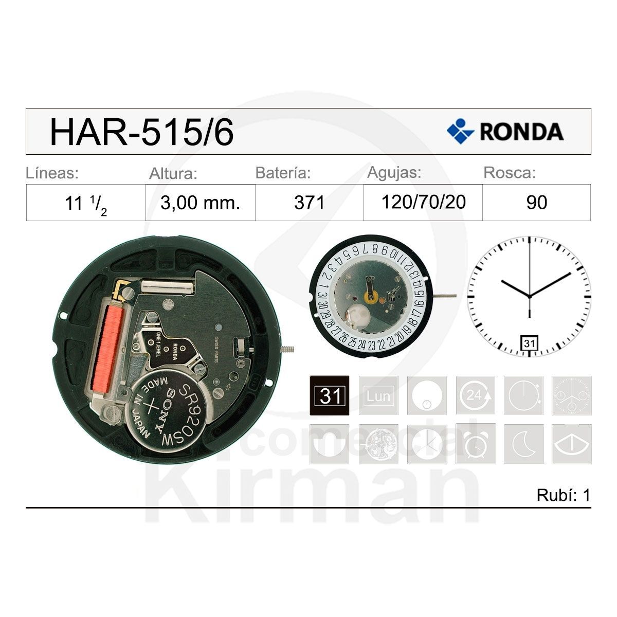 Movimiento Reloj Ronda Cuarzo HAR-515/6 Calendario 6H