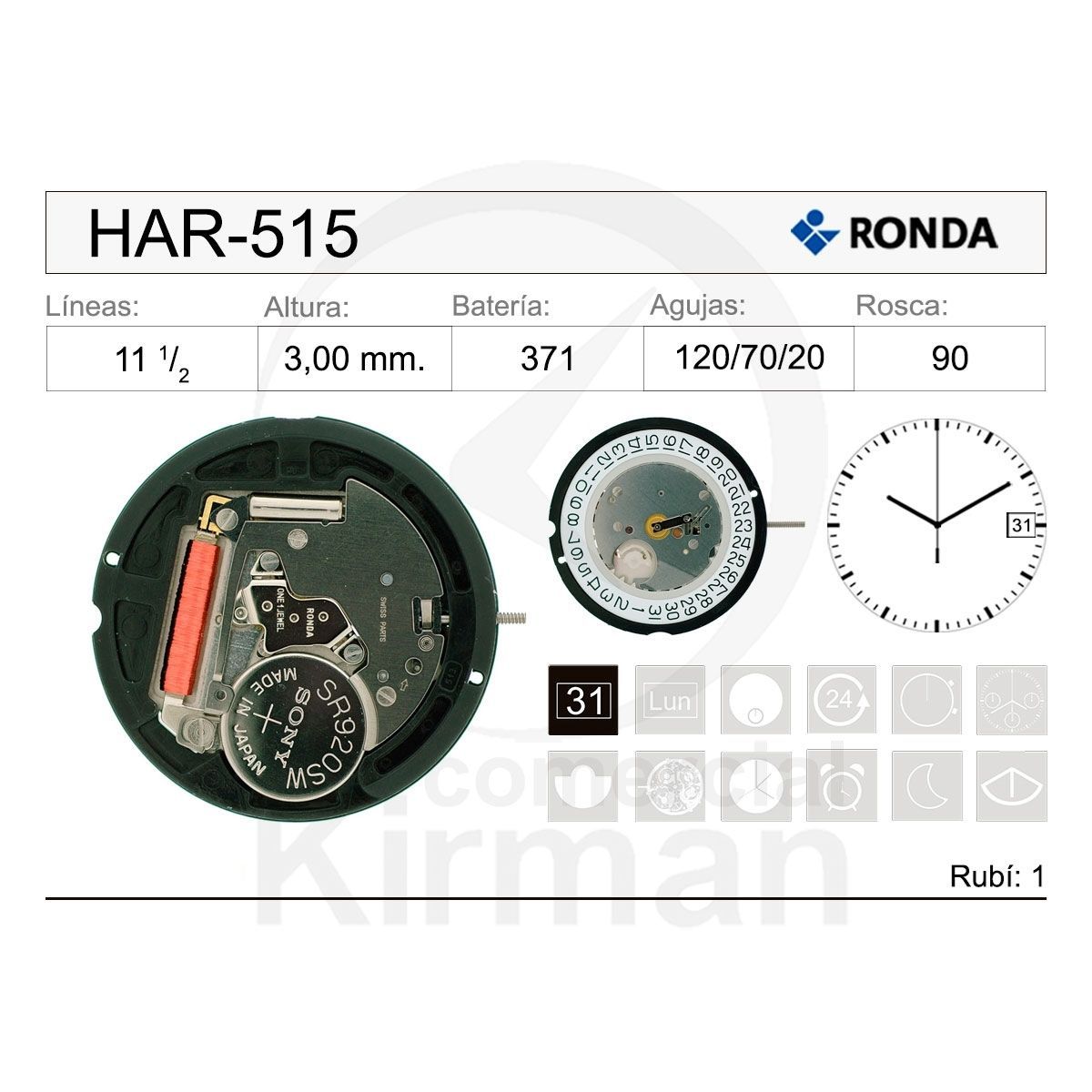 Movimiento Reloj Ronda Cuarzo HAR-515 Calendario 3H