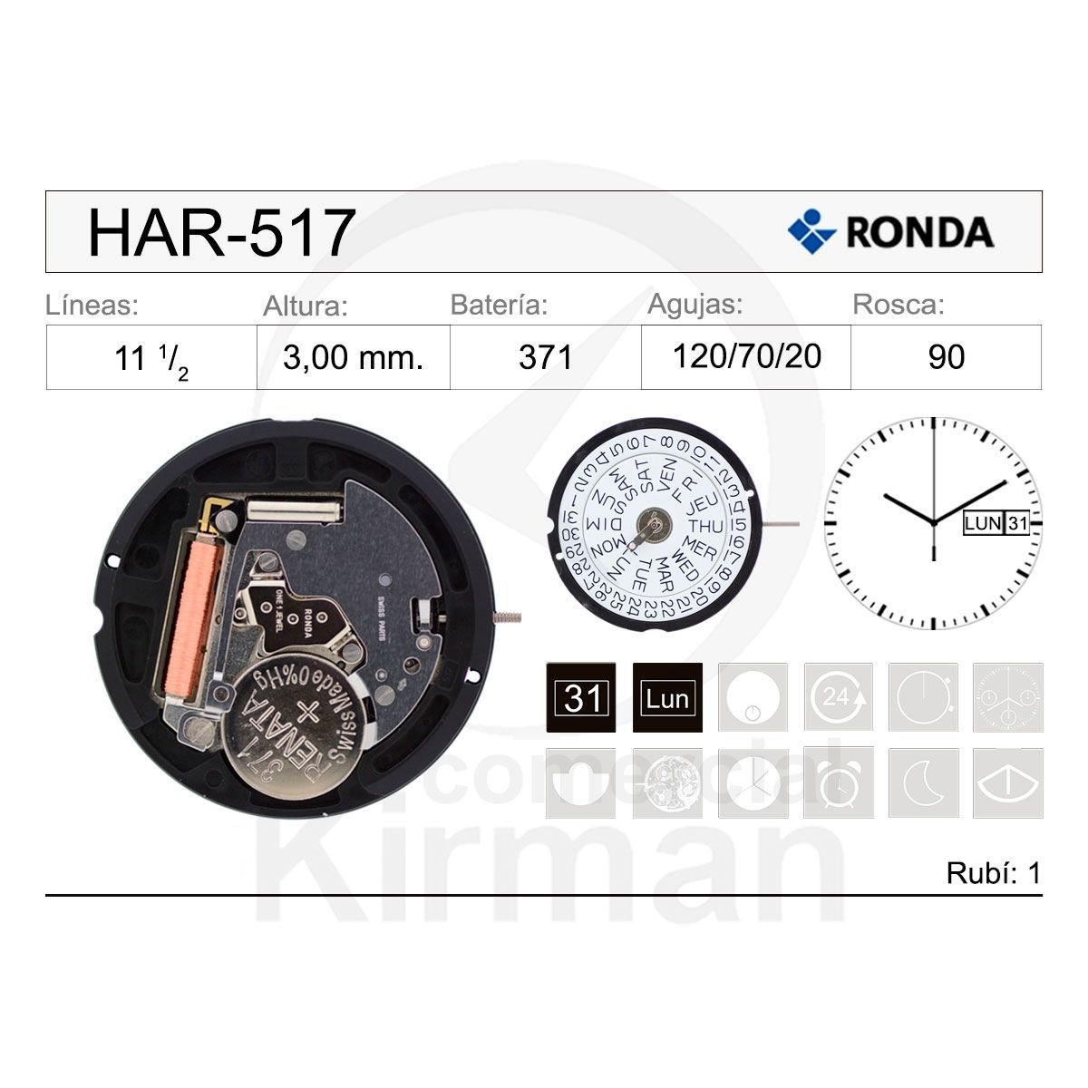 Movimiento Reloj Ronda Cuarzo HAR-517 Calendario 3H