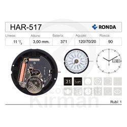 Movimiento Reloj Ronda Cuarzo HAR-517 Calendario 3H