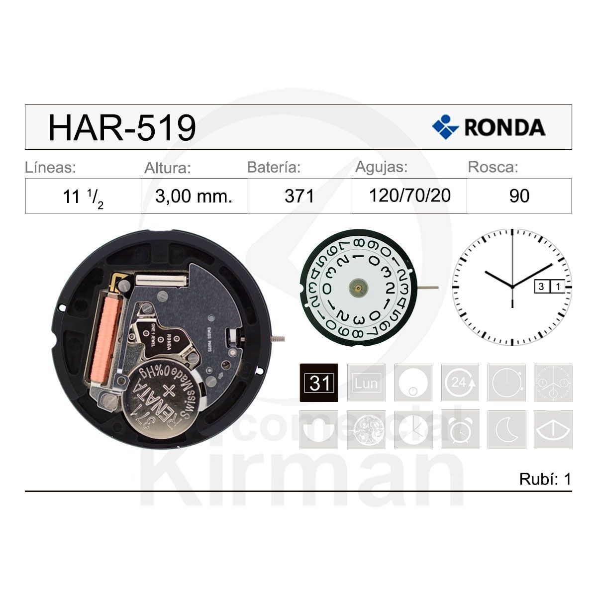 Movimiento Reloj Ronda Cuarzo HAR-519 Calendario a las 3H