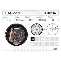 Movimiento Reloj Ronda Cuarzo HAR-519 Calendario a las 3H