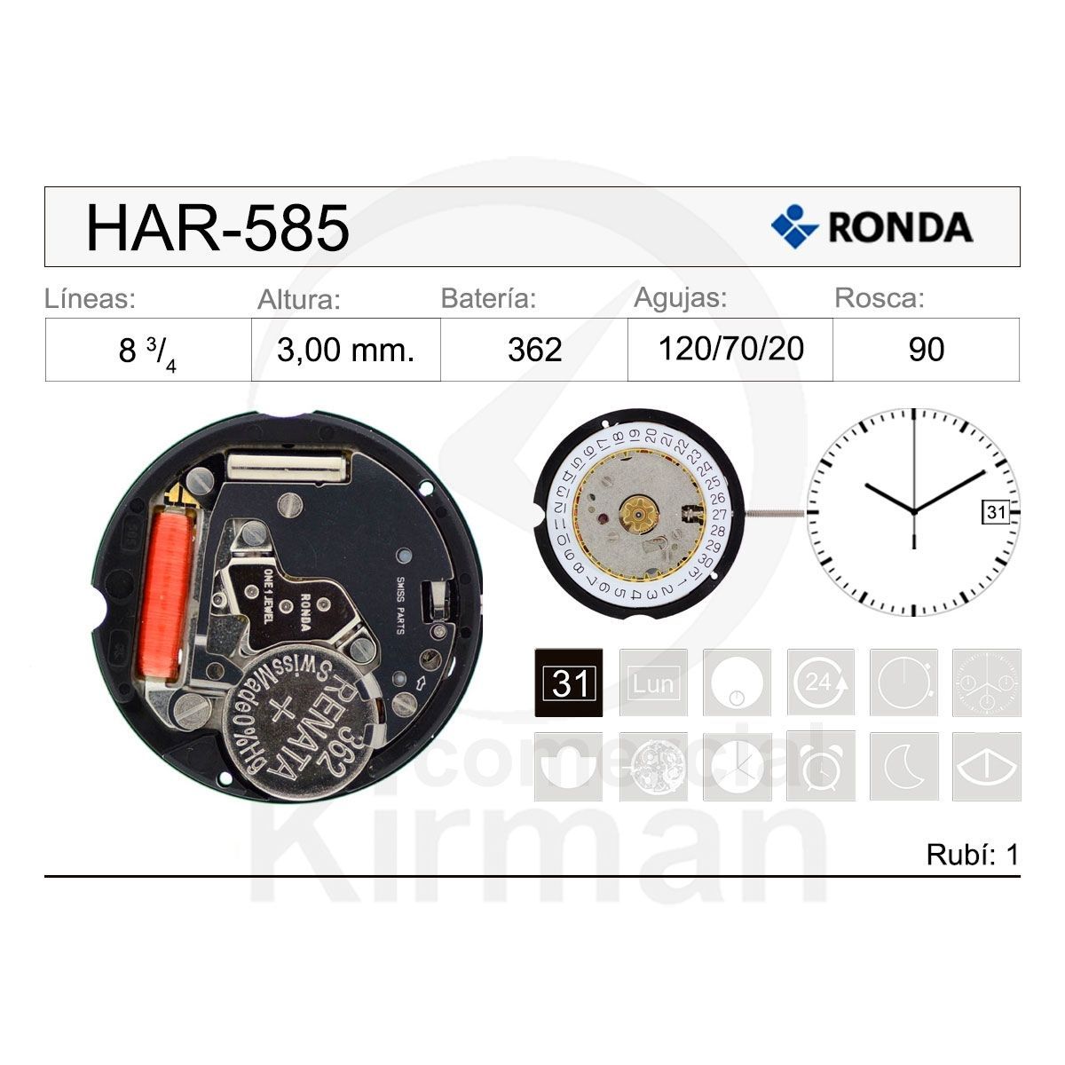 Movimiento Reloj Ronda Cuarzo HAR-585 Calendario 3H