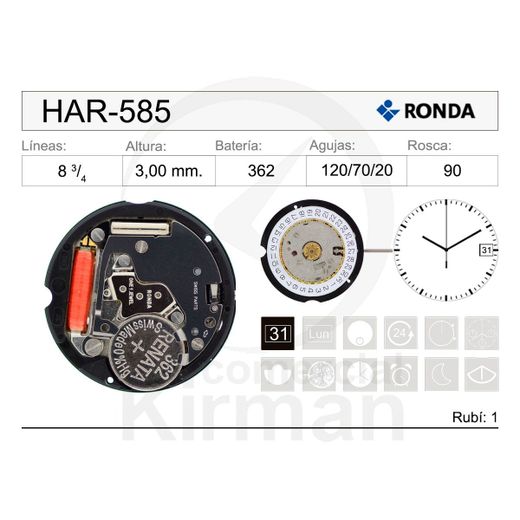 Movimiento Reloj Ronda Cuarzo HAR-585 Calendario 3H