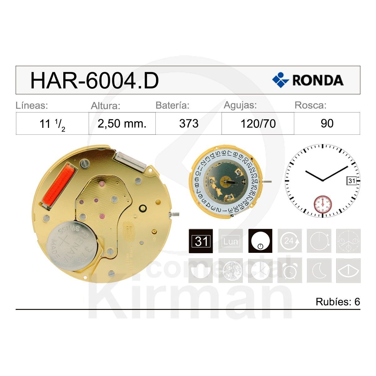 Movimiento Reloj Ronda Cuarzo HAR-6004.D Calendario 3H