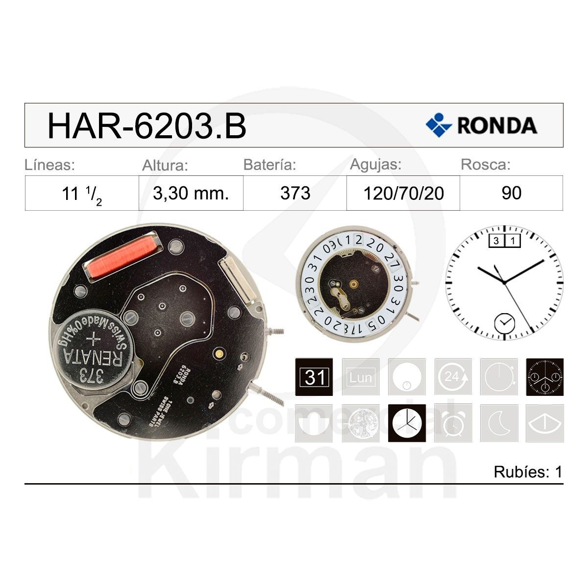 Movimiento Reloj Ronda Cuarzo HAR-6203.B Calendario 12H