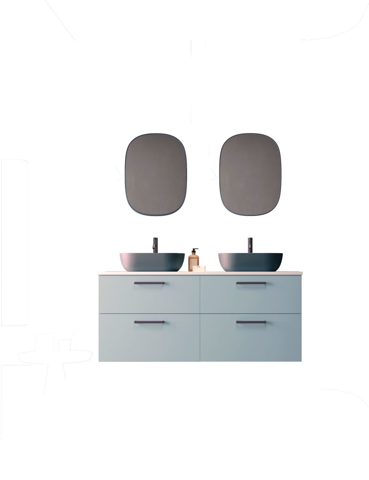 Mueble Carmen 2 cajones color 53 con lavabo sobre encimera ovalado K-Azul tirador Rigato Azul Avilados