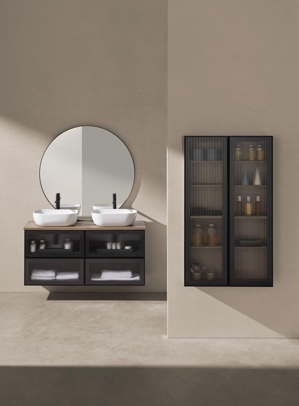 Mueble Koba 2 cajones con lavabo ceramico sobre encimera Nogal Frente/Cristal rayas Sanchis