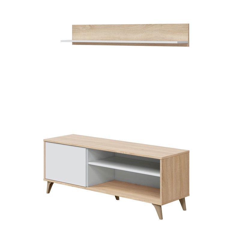 Mueble tv con estante de madera natural/blanco, 135x40x50 cm | KIKUA