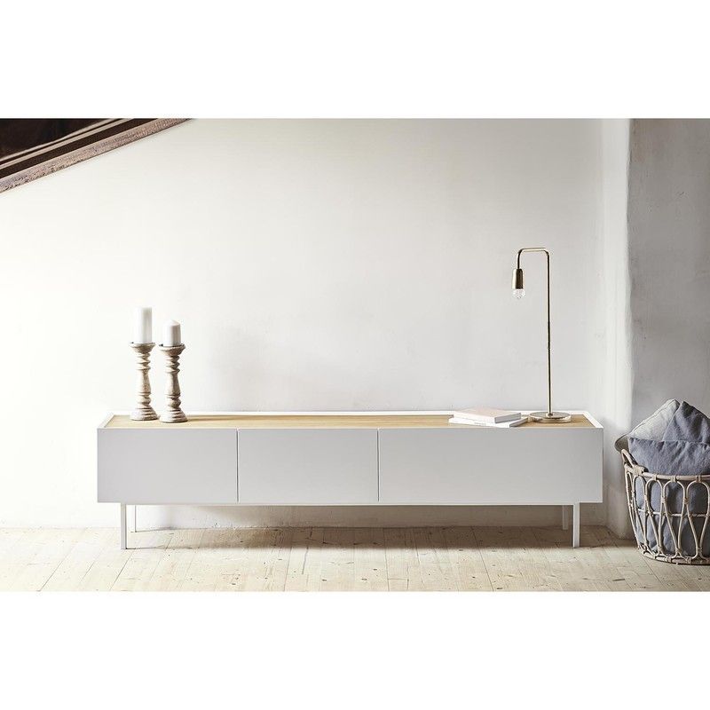 Mueble TV de madera en blanco y color roble, 180 x 40 x 45 cm | Arista