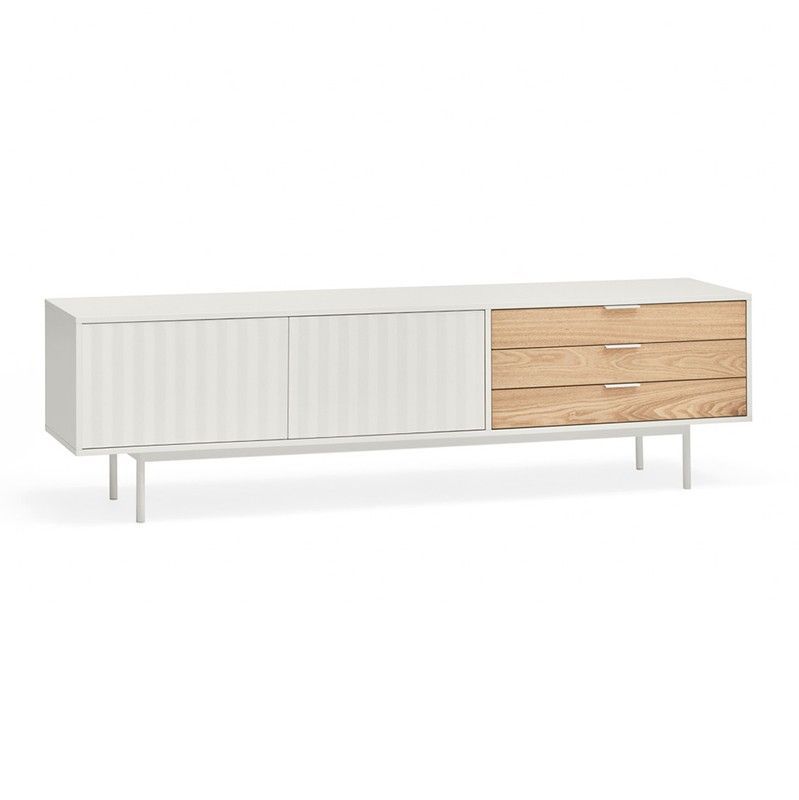 Mueble TV de madera en blanco y color roble claro, 180 x 40 x 52 cm | Sierra