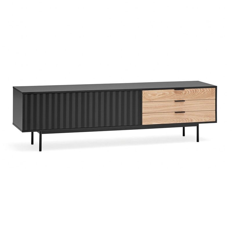 Mueble TV de madera en negro y color roble claro, 180 x 40 x 52 cm | Sierra