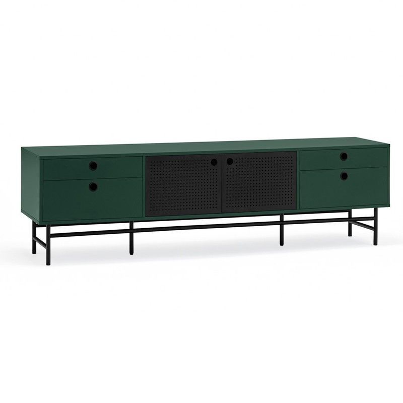 Mueble TV de madera y metal en verde oscuro y negro, 180 x 40 x 52 cm | Punto