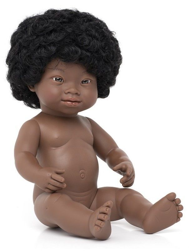 Muñeca niña africana con síndrome de Down 38 cm.