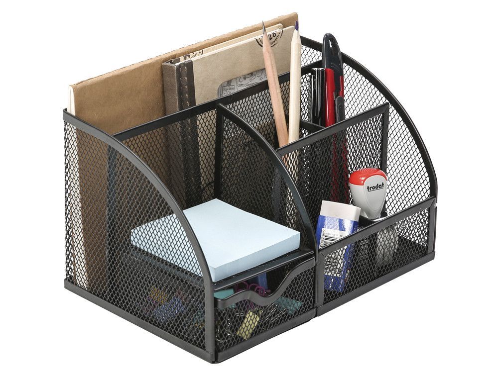 Organizador sobremesa q-connect kf17295 metalico curvo rejilla negra con 5 departamentos 220x140x130 mm