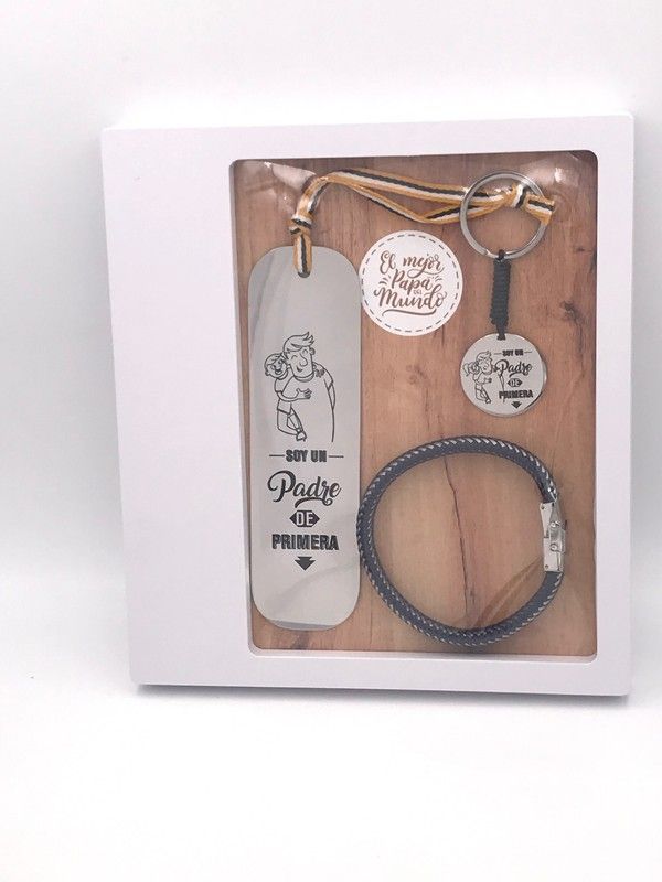 Pack Dia del Padre con pulsera de acero inoxidable y cuero azul