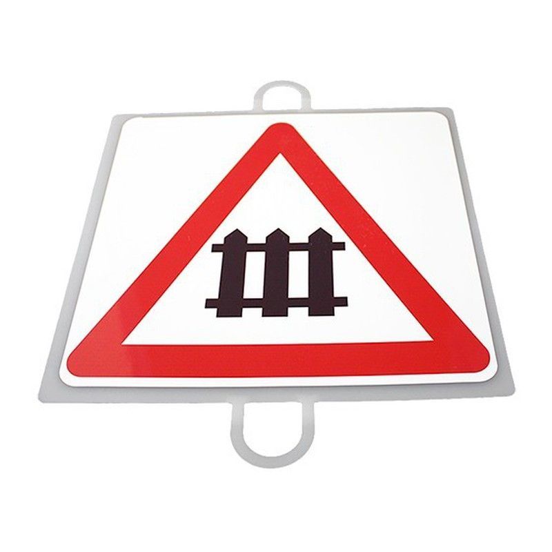 Panel de señalización de tráfico para picas. Paso a nivel con barrera