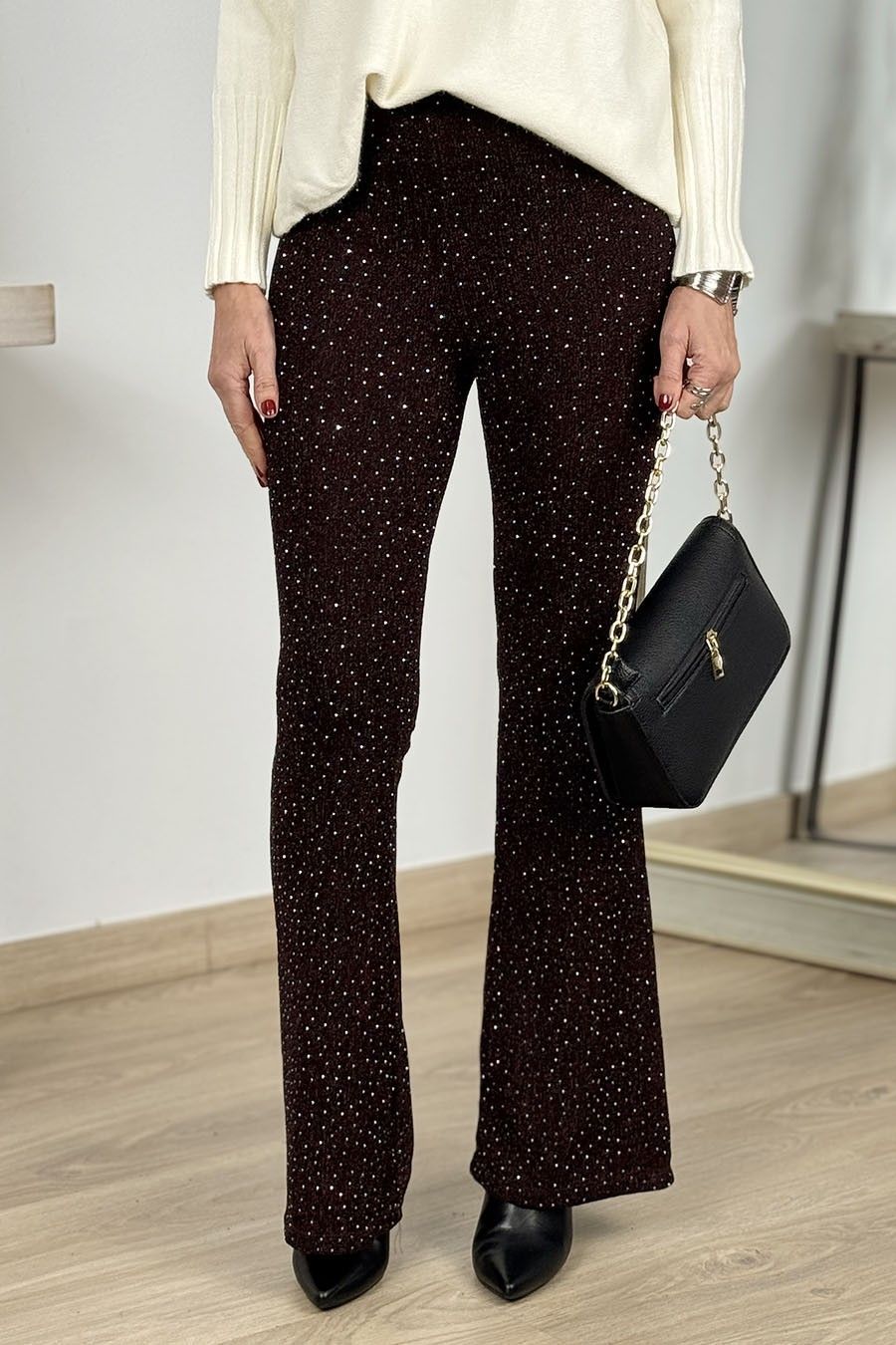 Pantalón campana lurex marrón