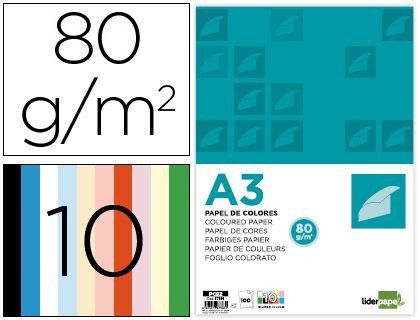 Papel color liderpapel A3 80gr/m2 10 colores surtidos paquete 100 hojas