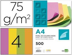 Papel Color Liderpapel A4 75G/M2 Neon 4 Colores Surtidos Paquete de 500
