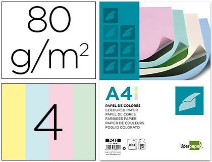 Papel Color Liderpapel A4 80G/M2 4 Colores Surtidos Paquete de 100