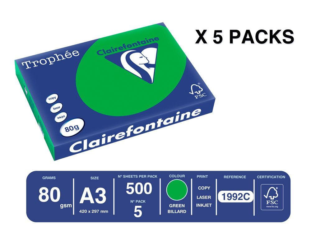 Papel color trophee A3 80gr verde intenso paquete de 500 hojas