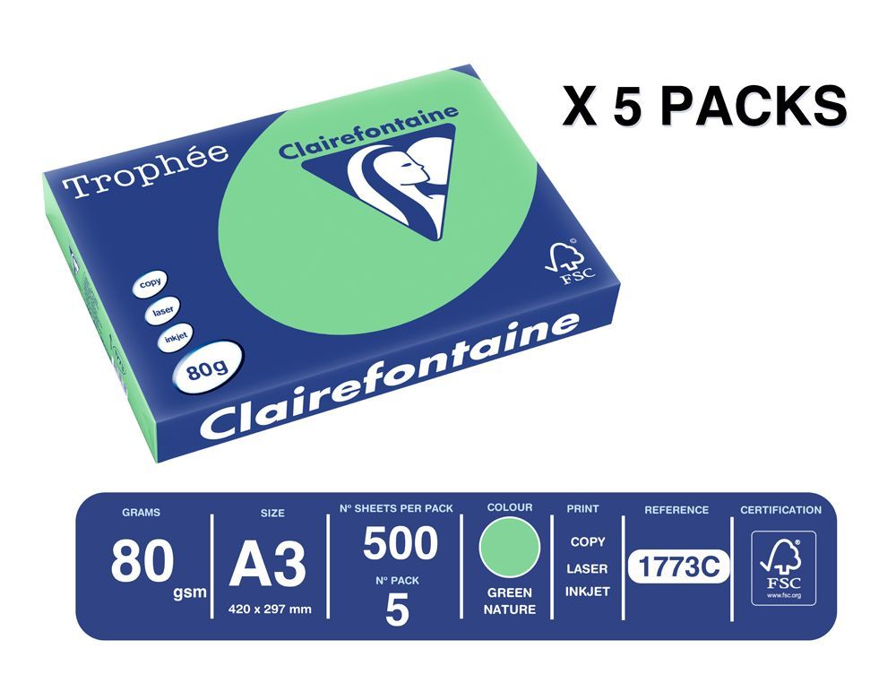 Papel color trophee A3 80gr verde pastel paquete de 500 hojas