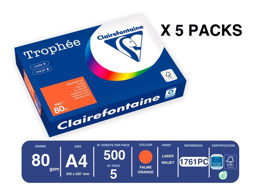 Papel color trophee A4 80gr naranja intenso paquete de 500 hojas