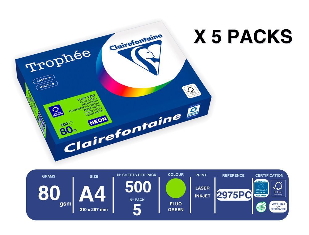 Papel color trophee A4 80gr verde neon paquete de 500 hojas
