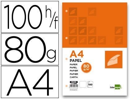 Papel Liderpapel A4 80G/M2 Paquete de 100 4 Taladros Blanco