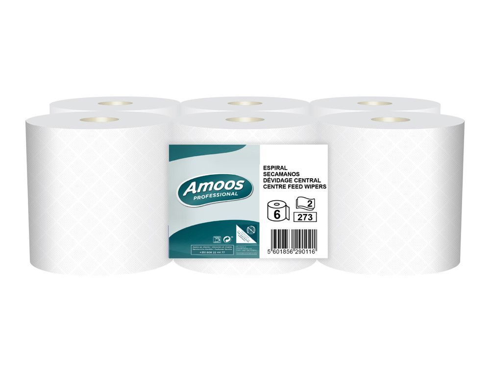 Papel secamanos amoos industrial 2 capas 32g/m2 blanco 90 mt paquete de 6 rollos