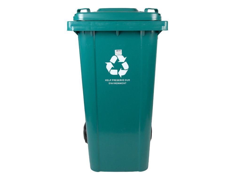 Papelera contenedor q-connect plastico con tapadera y ruedas 240 litros 1040x620x610 mm verde