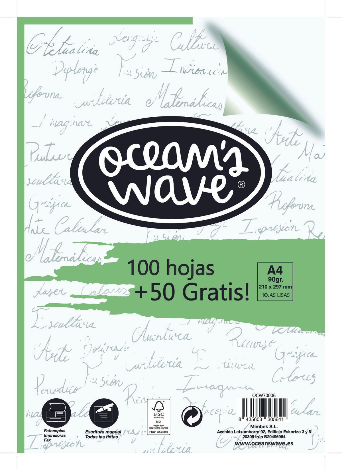 Paquete de 100 hojas blancas + 50 gratis. Ocean's Wave