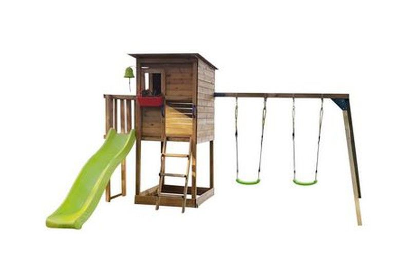 Parque infantil de madera Taga con columpio doble, tobogan y casita elevada