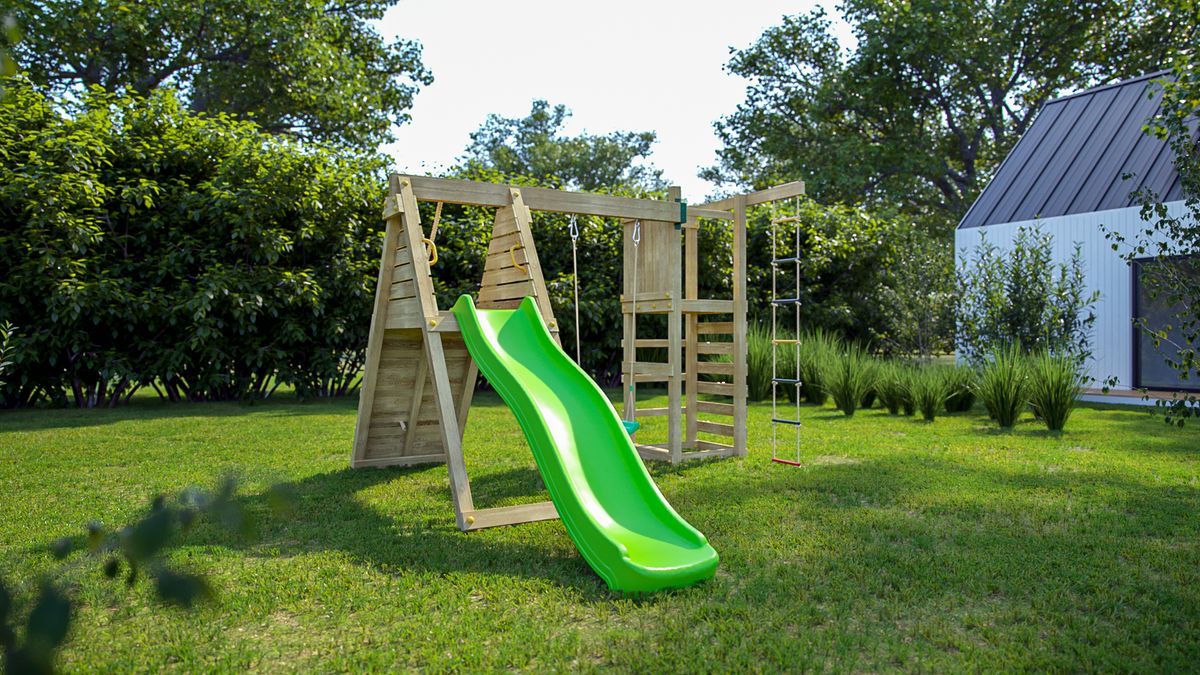 Parque infantil Fungoo Climber con tobogán verde y pared de escalada