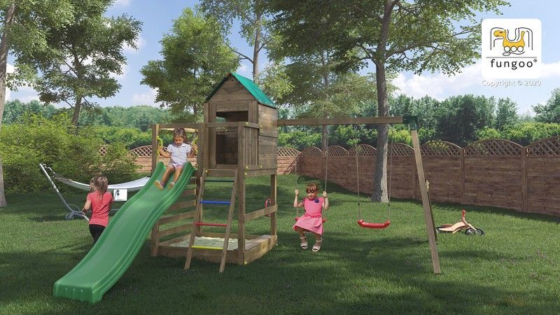 Parque infantil Jarcas con caseta madera, tobogán, doble columpio y arenero