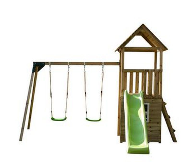 Parque juegos infantiles con casita, columpio doble y tobogan